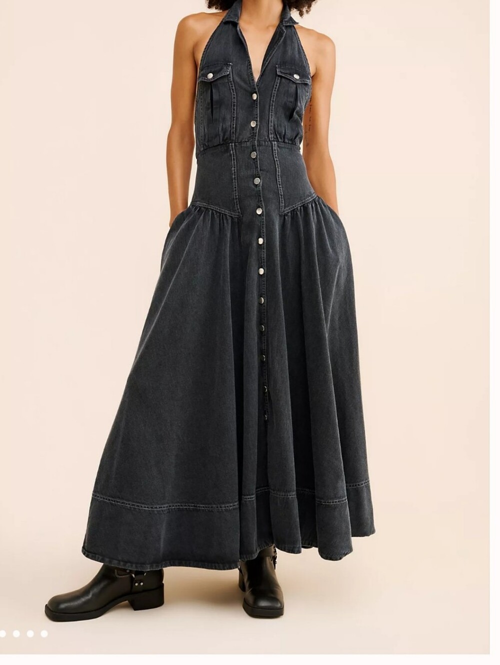 Free People Washed Black Halter Button-Front Maxi Dress